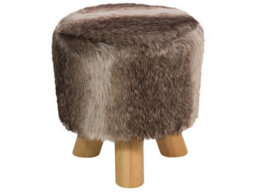 Wyld And Coco Noblehome Round Faux Fur Footstool, Beige And Brown, Tripod Rubberwood Legs, W33 X D33 X H35Cm - thumbnail 1