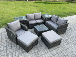 Fimous Pe Rattan Garden Furniture Sets Outdoor Love Sofa Chair Set Square Coffee Table 2 Side Tables 2 Big Footstool - thumbnail 2