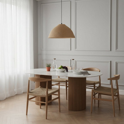 Luxor Oval Natural White Marble Top Dining Table With Wooden Legs 6 To 8 Seater - image 1