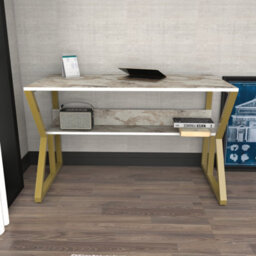 Decorotika Wake Study And Writing Desk White Marble Effect And Gold - thumbnail 1