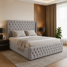 Adore Designs Chesterfield Winged Plush Velvet Sleigh Bed, With Footboard - 4Ft6 Double - Silver - thumbnail 1