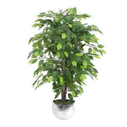 Leaf 90Cm Artificial Ficus Tree / Plant - Silver Metal Planter