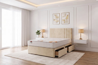 "Knight Sleep Sarah Cream Plush Bed Set With Mattress, 2 Drawers Same Side & 24""headboard, 6Ft - Super King" - image 1