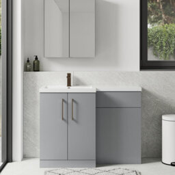 Balterley Left-Hand Bathroom Vanity And Wc Unit Combination With Basin - 1100mm - Satin Grey With Brushed Bronze Handles - thumbnail 2