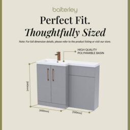 Balterley Left-Hand Bathroom Vanity And Wc Unit Combination With Basin - 1100mm - Satin Grey With Brushed Bronze Handles - thumbnail 5