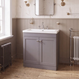 Balterley Swynnerton Traditional 2 Door Floor Standing Vanity Unit With Fireclay Basin, Satin Grey, 800mm - thumbnail 2