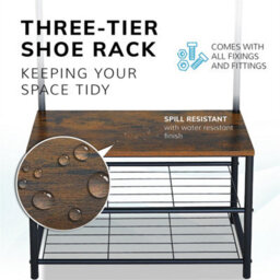 Rustic Brown Coat Rack Stand With Shoe Storage Bench 9 Hooks Rustic 2 Colours Entrance Hall - thumbnail 4