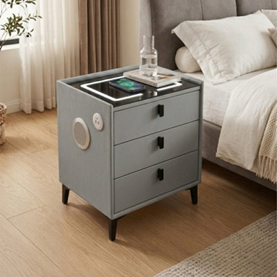 M N Furniture Ltd Luxury Smart Bedside Table, Led Light, Wireless Charging & 3 Drawers - Grey - image 1