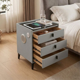 M N Furniture Ltd Luxury Smart Bedside Table, Led Light, Wireless Charging & 3 Drawers - Grey - thumbnail 3