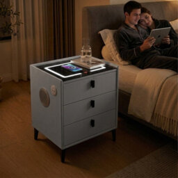 M N Furniture Ltd Luxury Smart Bedside Table, Led Light, Wireless Charging & 3 Drawers - Grey - thumbnail 4