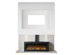Acantha Pre-Built White Marble Effect Media Wall 3 With Vision Electric Media Stove In Black - thumbnail 4