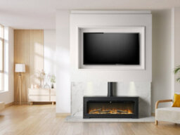 Acantha Pre-Built White Marble Effect Media Wall 3 With Vision Electric Media Stove In Black