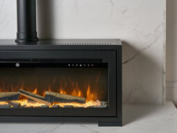 Acantha Pre-Built White Marble Effect Media Wall 3 With Vision Electric Media Stove In Black - thumbnail 2