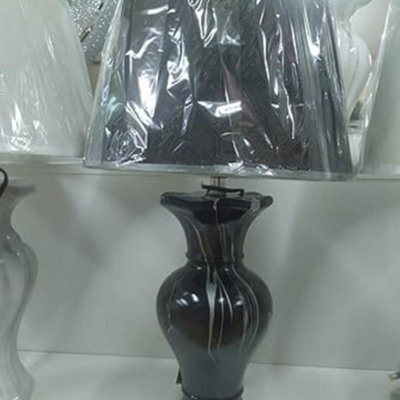 Biznest 60Cm Black Marble Effect Table Lamp With White Round Shade Large Round Bass Bedside Lights