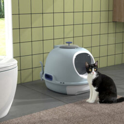 Pawhut Futuristic Capsule-Shaped Cat Litter Box W/ 2 Doors Scoop Drawer Blue