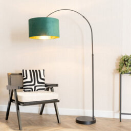 Valuelights Louis Black Arched Floor Lamp With Forest Green Velvet Drum Metallic Gold Inner Shade