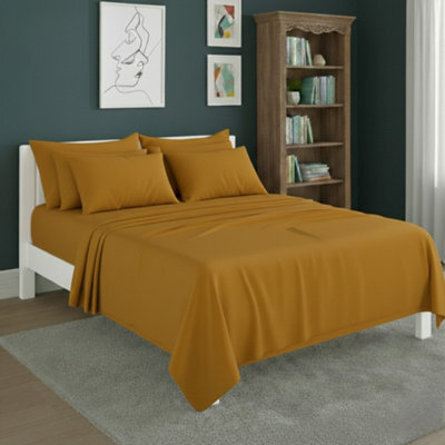 Plain Poly Cotton Easy Care Fitted Flat Sheet Matching Pillowcases Set Mustard - image 1