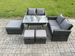 Fimous 7 Seater Garden Dining Set Rattan Outdoor Furniture Sofa With Rectangular Dining Table Double Seat Sofa 3 Footstools - thumbnail 1