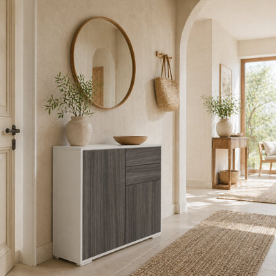 Wyld Haus Luel Sideboard, High Gloss White, Grey Wood-Effect, 2 Drawers 2 Doors, 79W X 36D X 74H Cm - image 1