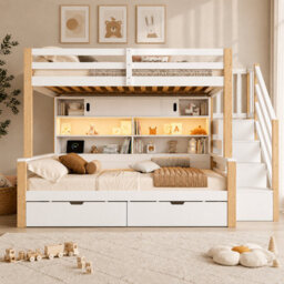 Merax 3Ft Single Bunk Bed 90 X 190 Cm, Storage Staircase, 2 Drawers, Sliding-Door Shelves, Led & Usb Charging, White - thumbnail 1