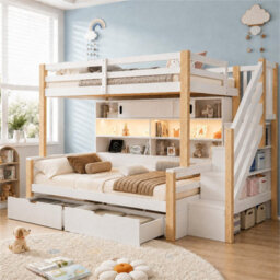 Merax 3Ft Single Bunk Bed 90 X 190 Cm, Storage Staircase, 2 Drawers, Sliding-Door Shelves, Led & Usb Charging, White - thumbnail 3