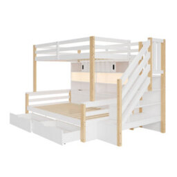 Merax 3Ft Single Bunk Bed 90 X 190 Cm, Storage Staircase, 2 Drawers, Sliding-Door Shelves, Led & Usb Charging, White - thumbnail 9