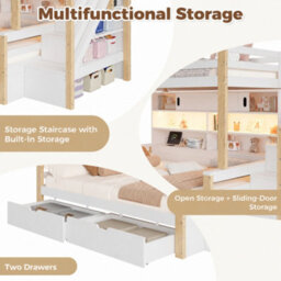 Merax 3Ft Single Bunk Bed 90 X 190 Cm, Storage Staircase, 2 Drawers, Sliding-Door Shelves, Led & Usb Charging, White - thumbnail 6