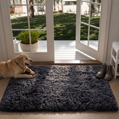 Oxford Homeware Shaggy Rug Anti-Slip Washable Soft Fluffy Living Room And Bedroom Rug (Black, 50X80Cm) - image 1