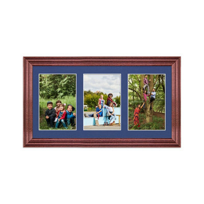 AK Frames 40X20Cm Rose Wood Classic Multi Photo Frame With Blue Mount - Holds 3 Apertures (3X) 6X4 Photos - image 1