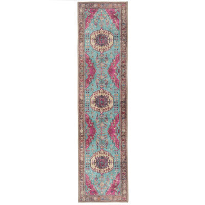 Loomed Bold Teal Blue Pink Persian Style Washable Non Slip Runner Rug 60X240Cm - image 1