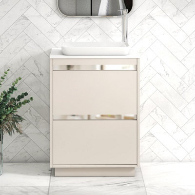 Royal Bathrooms Orion 600mm Warm Taupe Floor Standing Plain White Countertop Vanity Unit 2 Drawer With Qubix Basin & Chrome Accent Trim - image 1