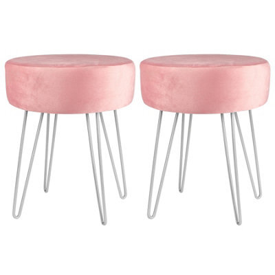 Harbour Housewares 2X Pink Velvet Footstools - Round Ottomans With Silver Base - Pack Of 2 - image 1