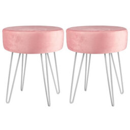 Harbour Housewares 2X Pink Velvet Footstools - Round Ottomans With Silver Base - Pack Of 2