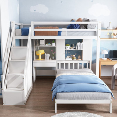 Matteo White Wooden Single Bunk Bed Frame With Desk, Storage Staircase & Shelves - image 1