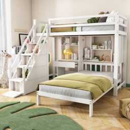 Matteo White Wooden Single Bunk Bed Frame With Desk, Storage Staircase & Shelves - thumbnail 8