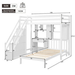 Matteo White Wooden Single Bunk Bed Frame With Desk, Storage Staircase & Shelves - thumbnail 9