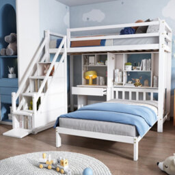 Matteo White Wooden Single Bunk Bed Frame With Desk, Storage Staircase & Shelves - thumbnail 2