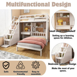 Matteo White Wooden Single Bunk Bed Frame With Desk, Storage Staircase & Shelves - thumbnail 4
