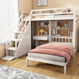 Matteo White Wooden Single Bunk Bed Frame With Desk, Storage Staircase & Shelves - thumbnail 5