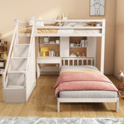 Matteo White Wooden Single Bunk Bed Frame With Desk, Storage Staircase & Shelves - thumbnail 6