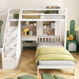 Matteo White Wooden Single Bunk Bed Frame With Desk, Storage Staircase & Shelves - thumbnail 7