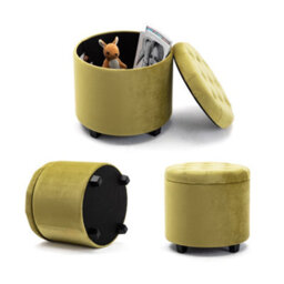 Hnnhome 45Cm Round Yellow Velvet Padded Seat Ottoman Storage Stool Box, Footstool Pouffes Chair With Lids - thumbnail 4