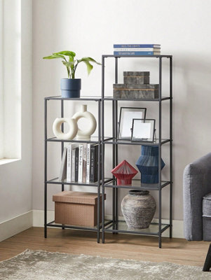 LEDREM 5-Tier Glass Shelf, Bookshelf, Storage Rack, Tempered Glass, Easy Assembly, Bathroom, Living Room, Black - image 1