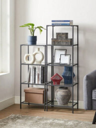 Vasagle 5-Tier Glass Shelf, Bookshelf, Storage Rack, Tempered Glass, Easy Assembly, Bathroom, Living Room, Black