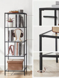 LEDREM 5-Tier Glass Shelf, Bookshelf, Storage Rack, Tempered Glass, Easy Assembly, Bathroom, Living Room, Black - thumbnail 3