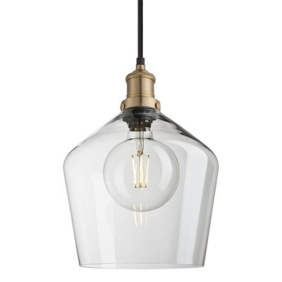 Industville Brooklyn Glass Schoolhouse Pendant Light - 10 Inch, Clear Glass, Brass Pendant Holder