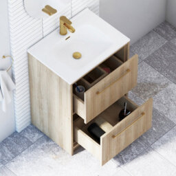 Royal Bathrooms Livora 600mm Natural Oak Floor Standing Bathroom Vanity Unit 2 Drawer With Ceramic Basin & Brushed Brass Handle - thumbnail 4