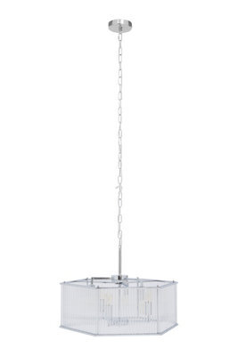 Orsina 6 Light Hexagonal Chrome Pendant Light, Adjustable Aluminium Chain Ceiling Fixture, Ribbed Glass Rods - image 1