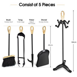 Gainoom 5 Pcs Fire Companion Set Iron Fireplace Fireside Tool Brush Poker Tongs Shovel - thumbnail 2
