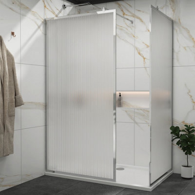 Royal Bathrooms Luxor Walk In Wet Room Fluted Shower Enclosure With 1400 X 800mm Stone Tray & Chrome Frame 8mm Easy Clean Glass - image 1